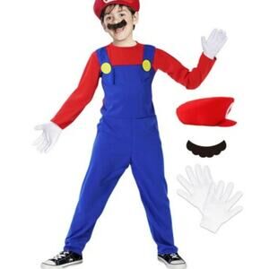 Super Mario Kids Costume Sz 5/6T Bodysuit Gloves Mustache Hat Halloween Cosplay